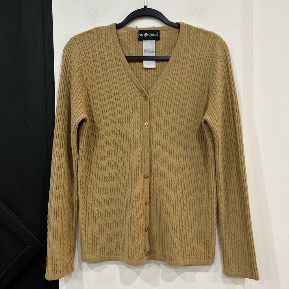 Sag Harbor Tan Cable Knit Sweater Size Small Button Front Preppy Twee